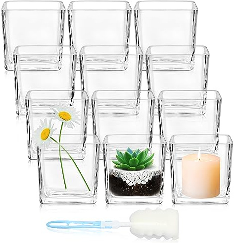 HWASHIN 12 Pack Square Glass Vases, 3” x 3” Clear Cube Glass Flower Vases, Mini Square Glass Vases Candle Holders with Sponge Brush for Centerpieces