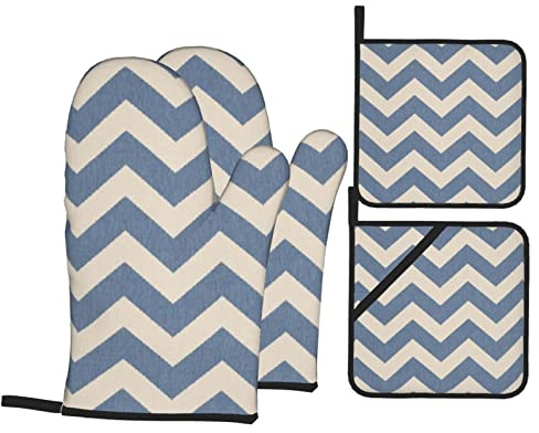 EVANEM Ofenhandschuhe und Topflappen 4er Set BBQ Handschuhe Blau Beige Streifen rutschfeste Ofenhandschuhe Hochhitzebeständige Kochhandschuhe für Küche Backen Kochen Unisex Einheitsgröße
