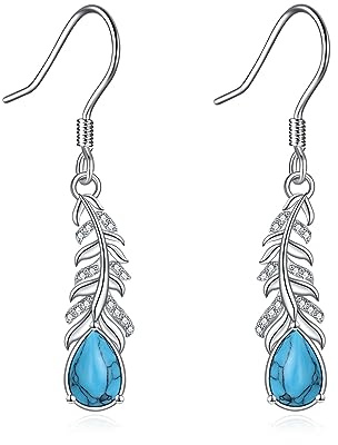 Feder Ohrringe S925 Sterling Silber Türkis Tropfen Ohrhänger Schmuck Geschenke für Damen Mutter (Türkis)