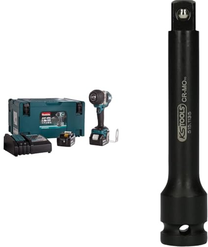 Makita DTW1002RTJ Akku-Schlagschrauber 18 V / 5,0 Ah, 2 Akkus + Ladegerät im MAKPAC & KS Tools 515.1135 1/2 Kraft-Verlängerung, 125mm