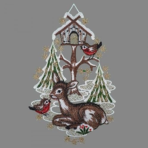 Fensterbild Fensterdeko Fensteranhänger aus Spitze Stickerei Herbst Weihnachten verschiedene Motive mit Saugnapf (Rehkitz mit Vogel)