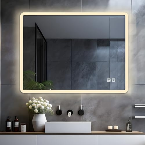 LISA LED Badspiegel mit Beleuchtung 100x60 cm, Bad Spiegel Groß badezimmerspiegel mit Touch Dimmbar Warmweiß/Kaltweiß Licht Antibeschlag Wandspiegel für Badezimmer, WC, Flur Abgerundete Ecken