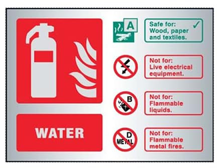 Water Fire Extinguisher Sign (Landscape) - 100mm x 150mm - FireShield (Prestige Silver)