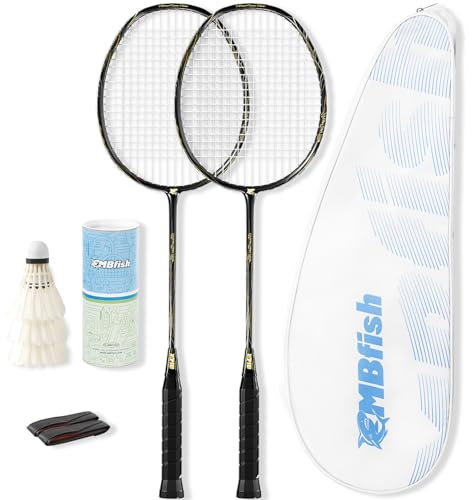 MBFISH Badmintonschläger-Set mit 2 Kohlefaser-Schlägern, 3 Federbällen, 2 Ersatz-Griffbändern und 1 Badminton-Tasche – perfekt für Anfänger und Outdoor-Spiele (schwarz)