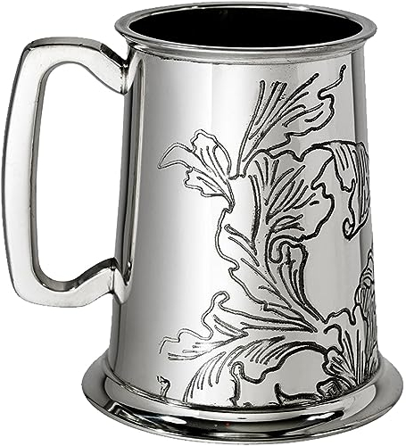 I LUV LTD Zinn 1 Pint Akanthus-Blattmuster Akanthus-Muster Überall Geprägt, Glänzend Poliert Quadratischer Griff Rein Bier Krug Personalisierte Geschenke für Männer und Frauen