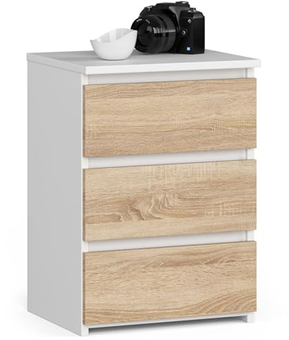 AKORD | Nachttisch Kommode CL-3 mit 3 Schubladen | für das Wohnzimmer Schlafzimmer Schrank Büro Arbeitszimmer | Modernes Funktionales Design | B40 x H57 x T35 cm, Gewicht 26 kg | Weiß | Sonoma-Eiche