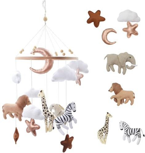 Coriver Cuna Móvil para Bebé, Carillón de Viento Safari con Animales del Bosque, Campana de Cama de Madera, Regalo para Niñas y Niños