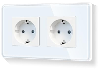 LIAONFOY Runde Schuko Doppel Steckdose Glasrahmen Unterputz 2 Fach Wandsteckdose mit Gekurbte Kanten rahmen Weiße 16Amp 110-250V 157mm