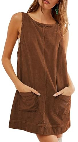 Haibang Latzkleid Damen Cord Overall Kleid Ärmellos A Linie Minikleid Lässig Vintage Cordkleid Locker Latzrock Herbst Winter Latzhose Pullover mit Taschen