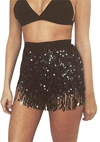 Fiacafyo Sequin Hip Scarf Wrap Tassel Short Skirt for Women Sparkly Fringe Dance Belly Skirt Rave Festival Party Costume (Black, ONE Size)