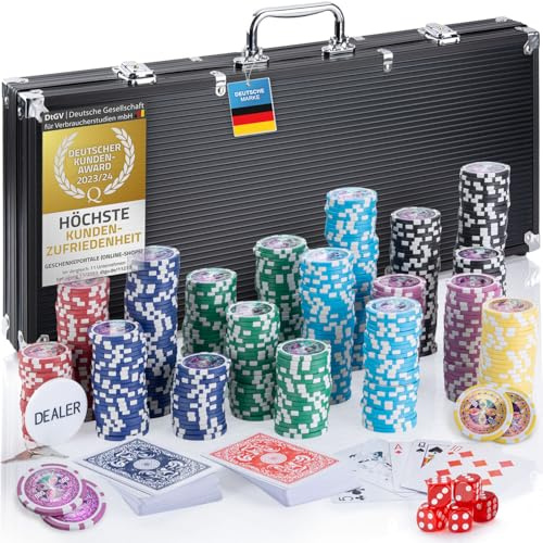 Professionellt pokerfodral pokerset inkl. 300-500 marker högkvalitativa pokermarker; pokerdäck, kortlek, pokerkort, tärningar, dealerknapp; låsbart aluminiumfodral (Svart, 500 chips)