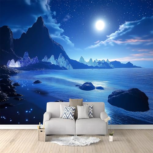 Fotomurales 200 x 140 cm Papel pintado Playa nocturna con rocas tejido no tejido Decoración de Pared decorativos Azul Murales Diseno Fotográfico Apto para salón y dormitorio