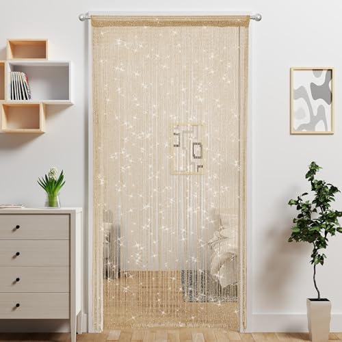 Ateasierlife Door String Curtain Doorway Beads Curtains,Hanging Room Divider Beaded Decor Hippie Glitter Fringe Panel Closet Window Wall Backdrop Doors Sequin Sheer Boho Doors Tassel (Champagne)