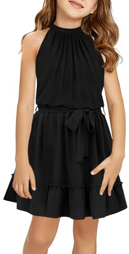 Halomoning Mädchen Kleid Ärmellos Einfacher Klassiker Casual Knielang für Kinder Sommer Prinzessin Party Hochzeit Tie Taille A-Linien （mit Knöpfen） Schwarz 13-14 Jahre