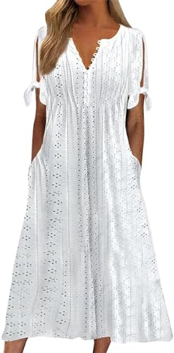 Yinguo Dresses for Women UK,Summer Dresses for Women UK 2025 Causal V-Neck Button Short Sleeve Vacation Floral Dress with Pockets Ladies Maxi Printing Dress Elegant Beach Party Club Dresses White XL