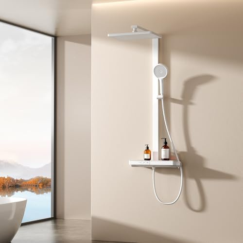 EMKE Duschsystem mit Thermostat, Regendusche 36x24cm, Weiß | 40 cm Ablage, 3 Strahlarten, Handbrause 4 Strahlarten, mattes Design, Höhenverstellbar Komplettset, Regendusche mit Armatur