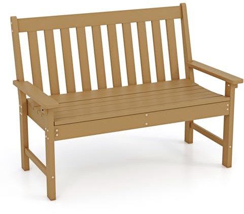 COSTWAY Panchina da Esterno, Panca da Giardino in HDPE Resistente con Schienale e Braccioli, Panchina da Parco, Balcone, Spogliatoio e Cortile, 132 x 65 x 91 cm (Naturale)
