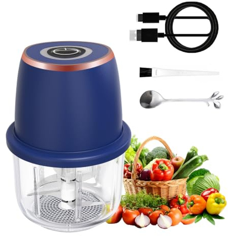 Electric Garlic Chopper, Mini Food Processor & Vegetable Chopper, 350ml Portable Cordless USB Rechargeable Garlic Chopper, Powerful Chopper for Onion, Herb, Nut, Easy to Clean Glass Container（Blue）