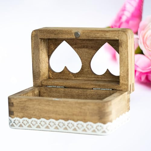 Generisch Rustikale Holz-Ringbox mit Herzmuster, Vintage Ringschatulle mit Spitzendekor, Hochzeit & Verlobung Ringkästchen (Zwei Herzen)