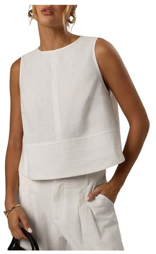 MakeMeChic Women's Linen Shirts Dressy Tops Summer Crop Tank Tops Sleeveless Blouse Work Shirts White Small