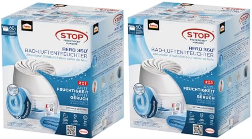 Pattex AERO 360° Luftentfeuchter für das Badezimmer, Raumentfeuchter für effektive Luftzirkulation, Raumluftentfeuchter reduziert überschüssige Feuchtigkeit, 2x 1 Gerät inkl. 1 Nachfüll Tab