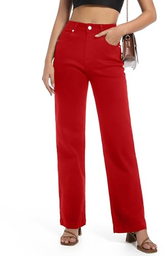 Guaile Women's Jeans High Waisted Straight Leg Stretchy Jeans Trendy Wide Leg Tummy Control Loose Casual Denim Pants, Red, 12
