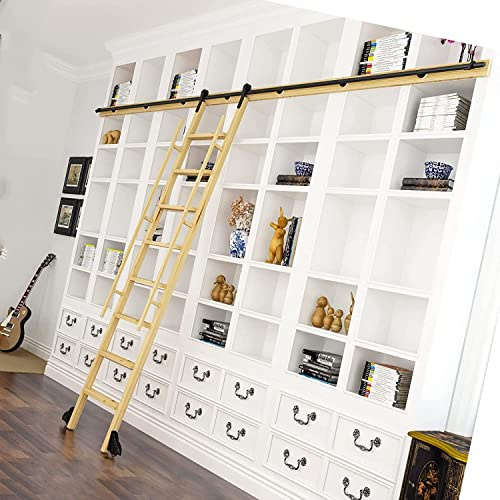 Kit de quincaillerie pour échelle coulissante de bibliothèque – Accessoires de quincaillerie pour porte de grange coulissante, rail d'échelle mobile en tube rond noir rustique (avec rouleaux de sol