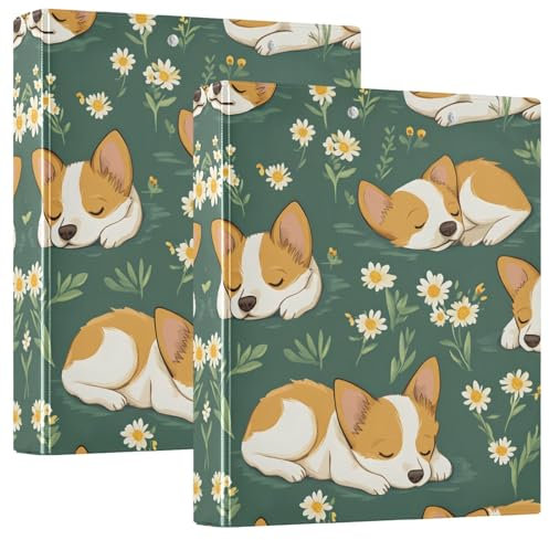 Quteprint Ringbuch mit 3 Ringen, niedlicher schlafender Hund, Blumen, 3,8 cm, runder Ringordner mit 3 transparenten Taschen, Klemmbrett und hält 200 Blatt für Büro/Schule/Zuhause