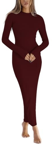 LACOZY Women's Long Sleeve Wedding Guest Dress 2026 Sexy Crew Neck Wrap Ruched Bodycon Party Work Midi Dresses Red S