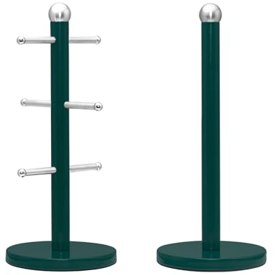 Innoteck Essentials Mug Tree and Paper Towel with Six Hooks and Weighted Anti-Slip Base & Matching Towel Holder for Countertop Organisation, Stainless Steel, Green Colour Coated