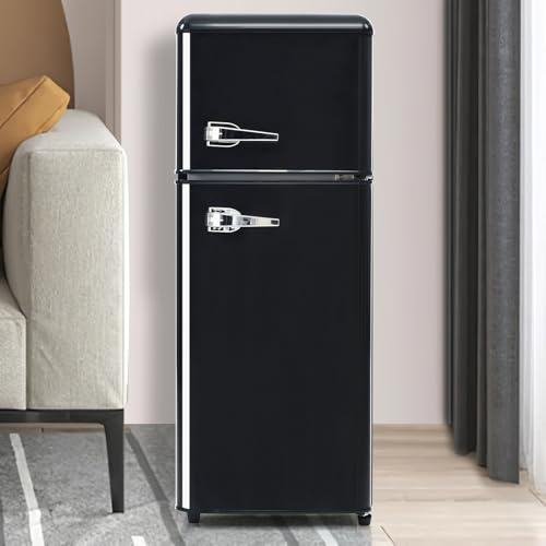 Frigorífico Retro, Frigorífico Pequeño Con Congelador, Minifrigorífico, Volumen Total De 92 Litros, Con Congelador De 28 Litros, 116 Kwh/Año, Luz LED, 7 Niveles De Temperatura.,Black