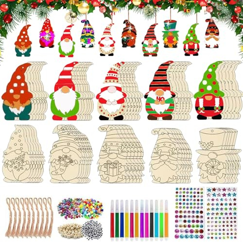 CWENDANER DIY Bastelset: 70 Stück Holzanhänger zum Bemalen Weihnachten - Wichtel Figuren Christbaumschmuck aus 20 cm Holz - Weihnachtsbaumschmuck Basteln mit Kindern Geschenk