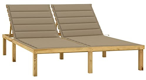 Qnhdfrt Doppel-Sonnenliege 200x138 cm Kiefer imprägniert Beige Auflagen Rückenlehne 5-Fach Verstellbar Robustes Holz für Garten Balkon und Camping
