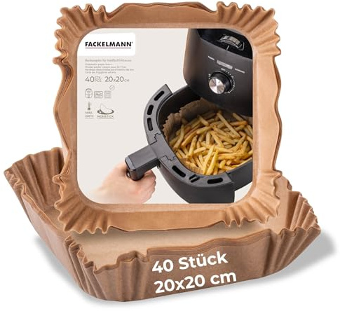 Fackelmann Backpapier für Heißluftfritteuse – 20 x 20 cm eckig, 40-teilig, öl- und wasserfest, beschichtet – hitzebeständig bis 220C, mikrowellen- und backofengeeignet