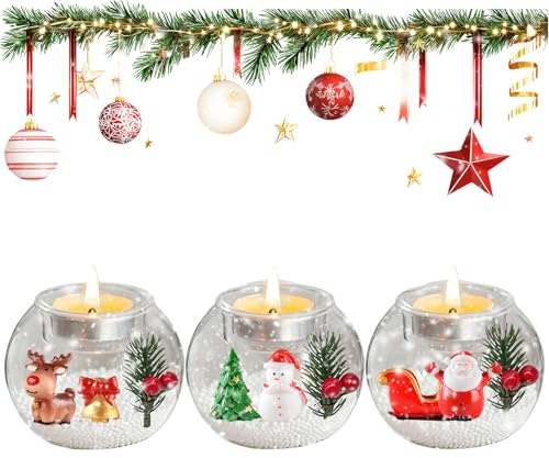 PIujsym Teelichthalter Weihnachten Set, 3er Weihnachtsdeko Innen Glas Teelichter Halter mit Nikolaus, Rentier, Schneemann für Weihnachten Deko Tisch Dekoration Wohnzimmer Winterfestlich Ambiente