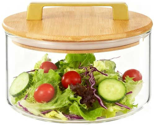 SWEWARM Ensaladera clásica grande de cristal con tapa de madera y asa (21 cm x 13 cm) – Plato transparente para servir cocina, fiestas, picnics y uso diario