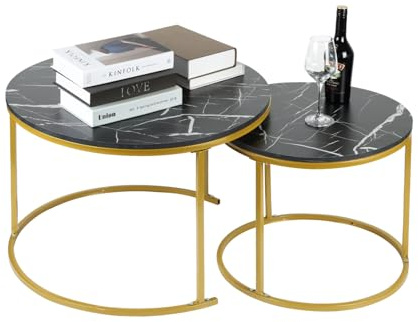 OHMG Set aus 2 runden Satztischen, Couchtische, 70/50cm, runder Beistelltisch, modernes Design, Wohnzimmertisch aus Marmor, mit Beinen aus Stahl (Schwarz+Gold-60 * 60 * 45 & 40 * 40 * 38 CM)