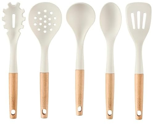 Cooks Professional 5 Piece Silicone Utensil Set | White | Durable Kitchen Cooking Spoons, Ladle & Spatula Tools with Heat-Resistant Wooden Handles & Non-Toxic Heads | Gentle on Cookware