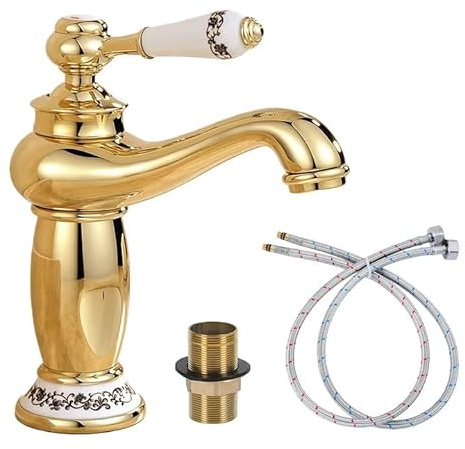 Luxury Victorian Basin Mixer with Retro Ceramic Lever,Medium Monobloc Bathroom Sink Mixer Tap,Hot and Cold Classic Faucet,Brass Construction, Insert Basin Faucet for Cloakroom (Gold)