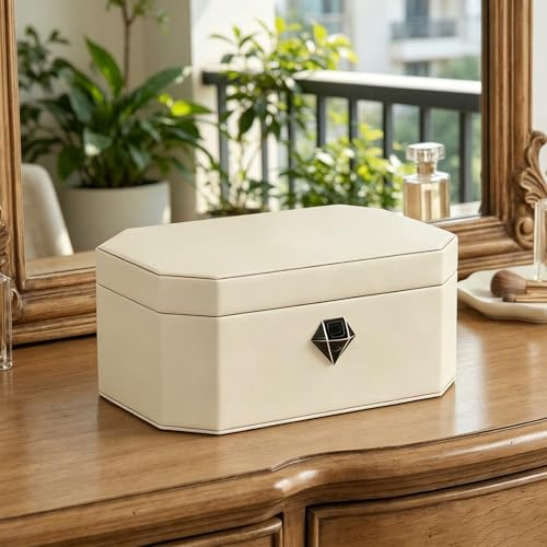 VALINIRT Jewellery Box, Leather-Wrapped Large Jewellery Box with Lock for Women, Quick-Access & Keyless Entry (Two-Tier White)
