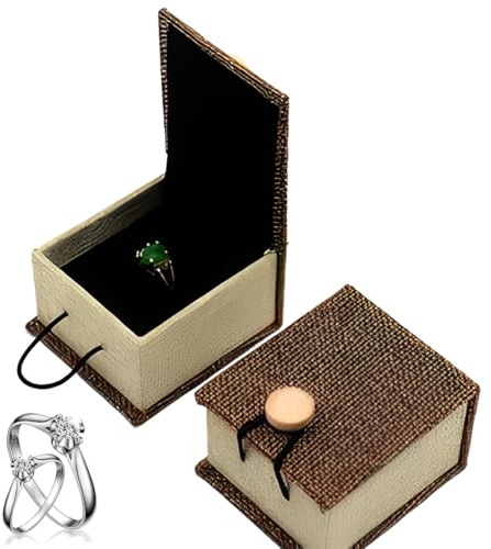 LEPGUYO Set Di 2 Scatola Anello Effetto Legno Con Pulsante, Robusta Scatola Per Gioielli, Regalo Per Fidanzamento Matrimonio Viaggio