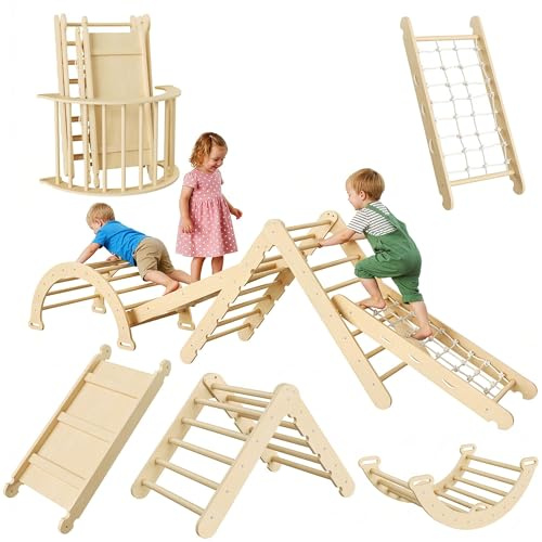 IDEALHOUSE Pikler Triangle Set 8-in-1 Foldable Baby Climbing Toys Wooden Climbing Set with Arch&Ramp&Ladder Baby Climber Indoor Jungle Gyms for Toddlers Toys, Christmas for Kids