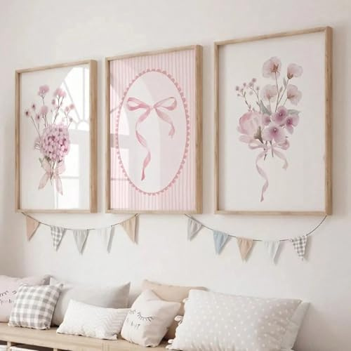 3er Poster Set, Minimalistischer, Niedliches Rosa Schleifen-Blumen-Poster-Leinwandbild, für Wohnzimmer Schlafzimmer Büro Flur Wanddeko Kunst,Ohne Rahmen (30x40 cm)