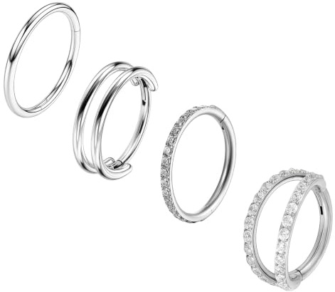 TESGADGETS 4 Stück Nose Rings, Edelstahl Hoop Nasenringe, Helix Piercings, Daith Septum Ringe oder Creolen für Damen und Herren, Silber, 8 mm, 16G