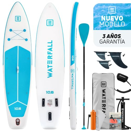 Waterfall Tabla Paddle Surf Hinchable Touring 10.6, Stand Up Paddle Board Sup Travesía Adultos, Jóvenes, Kit Accesorios, Remo, Mochila, Preinstalación Asiento Kayak, Estable, Ligera, 320x81x15cm