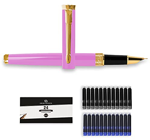 Dryden Designs Fine Nib Fountain Pen - Includes 24 Ink Cartridges - 12 Black and 12 Blue - Pink - Smooth Elegant Writing with Fine Nib and Ink Converters