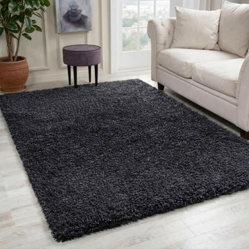 Oxford Plain Soft Thick Shaggy Living Room Area Rug, Anthracite, 80x150cm