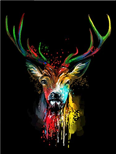 WOWDECOR DIY Malen nach Zahlen für Erwachsene Kinder Mädchen, Bunt Hirsch Tiere 40x50cm Vorgedruckt Leinwand-Ölgemälde (mit Rahmen)