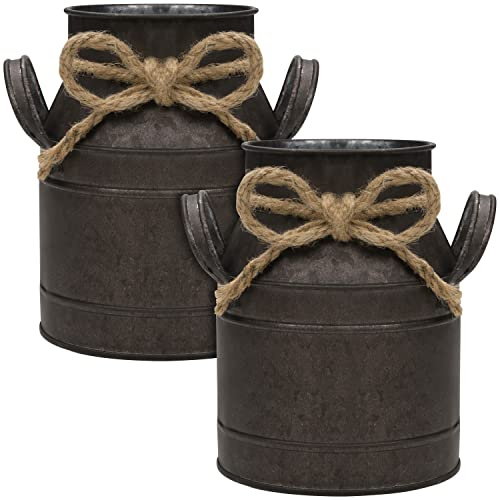 Belle Vous Rustik Metall Blomvas (2 Pack) - B11,2 x H15,2 cm - Galvaniseras Gammeldags Lantlig Mjölkkorg - Dekorativ Korg för Hem/Bröllop Dekor & Trädgårdsplantor