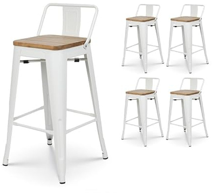 Kosmi - set med 4 industriella pallar i matt vit färg och ljus trästol höjd 66 cm